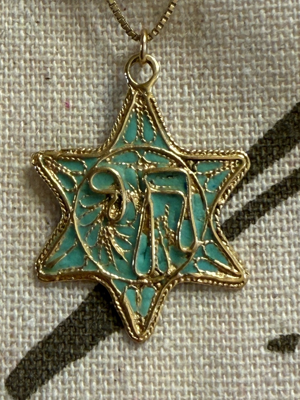 Gold Star of David Pendant with Turquoise Inlay - Women's Jewelry